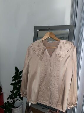 Beige Satin Blouse with Lace Collar